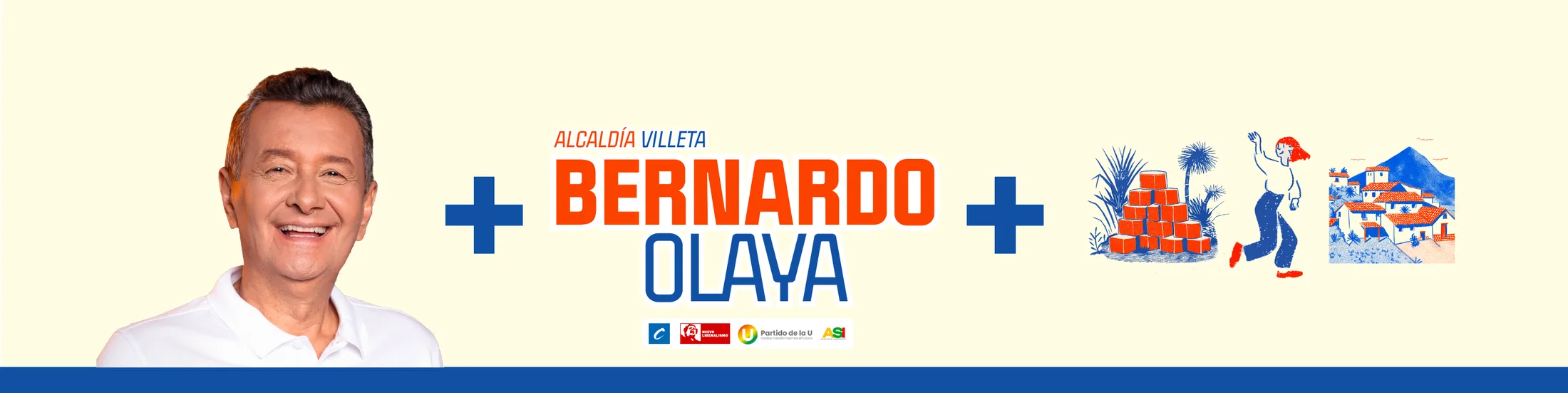 Bernardo Olaya sonríe junto al logo Alcaldía Villeta: Bernardo Olaya, con los avales de partidos y las ilustraciones de la campaña
