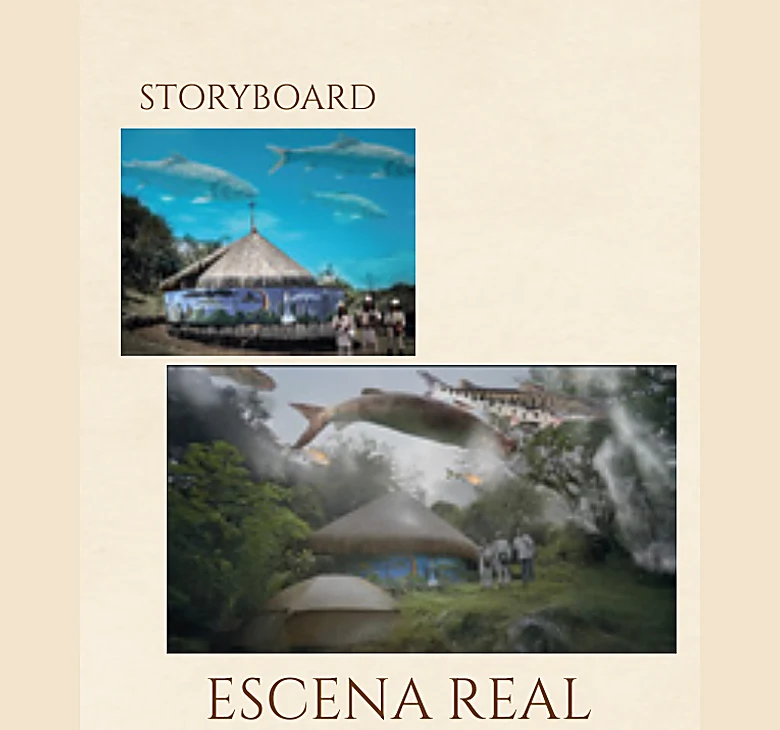 Storyboard y escena real: el pez volador sobre los domos