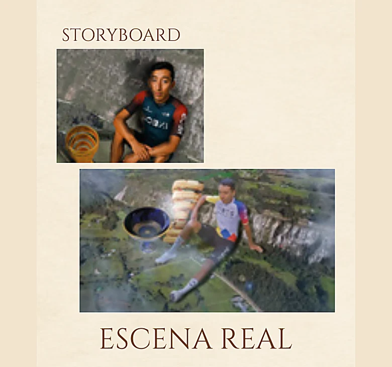 Storyboard y escena real: Egan Bernal sobre las rocas con sus trofeos