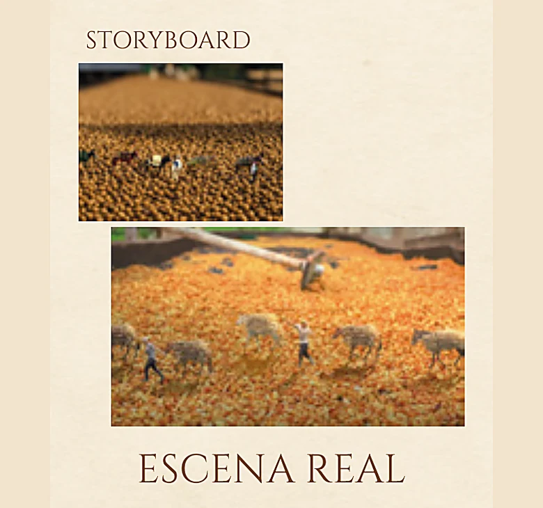 Storyboard y escena real: la cosecha en miniatura entre las hojas