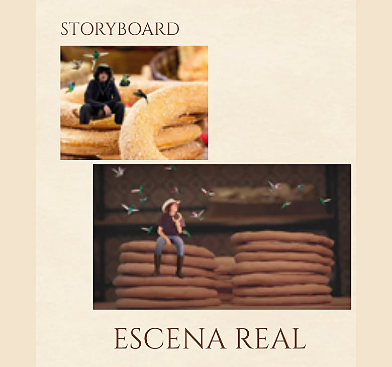 Storyboard y escena real: la caficultora sobre los bultos de café