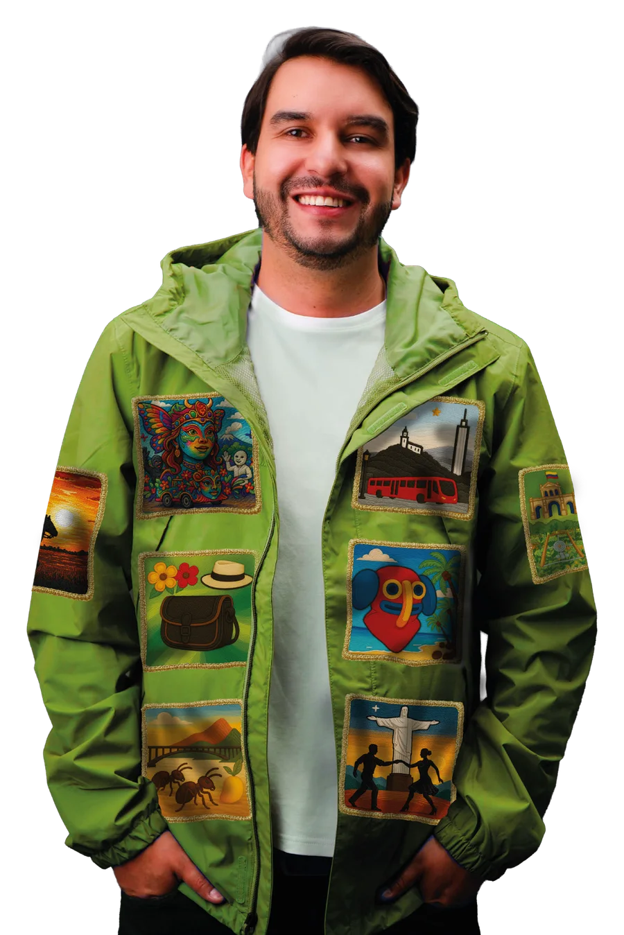 Santiago León sonríe con la chaqueta verde de campaña llena de parches bordados de Colombia